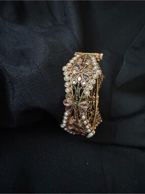 Gold-Tone Floral Kundan Bangle Bracelet with Pearls - Women's Jewelry